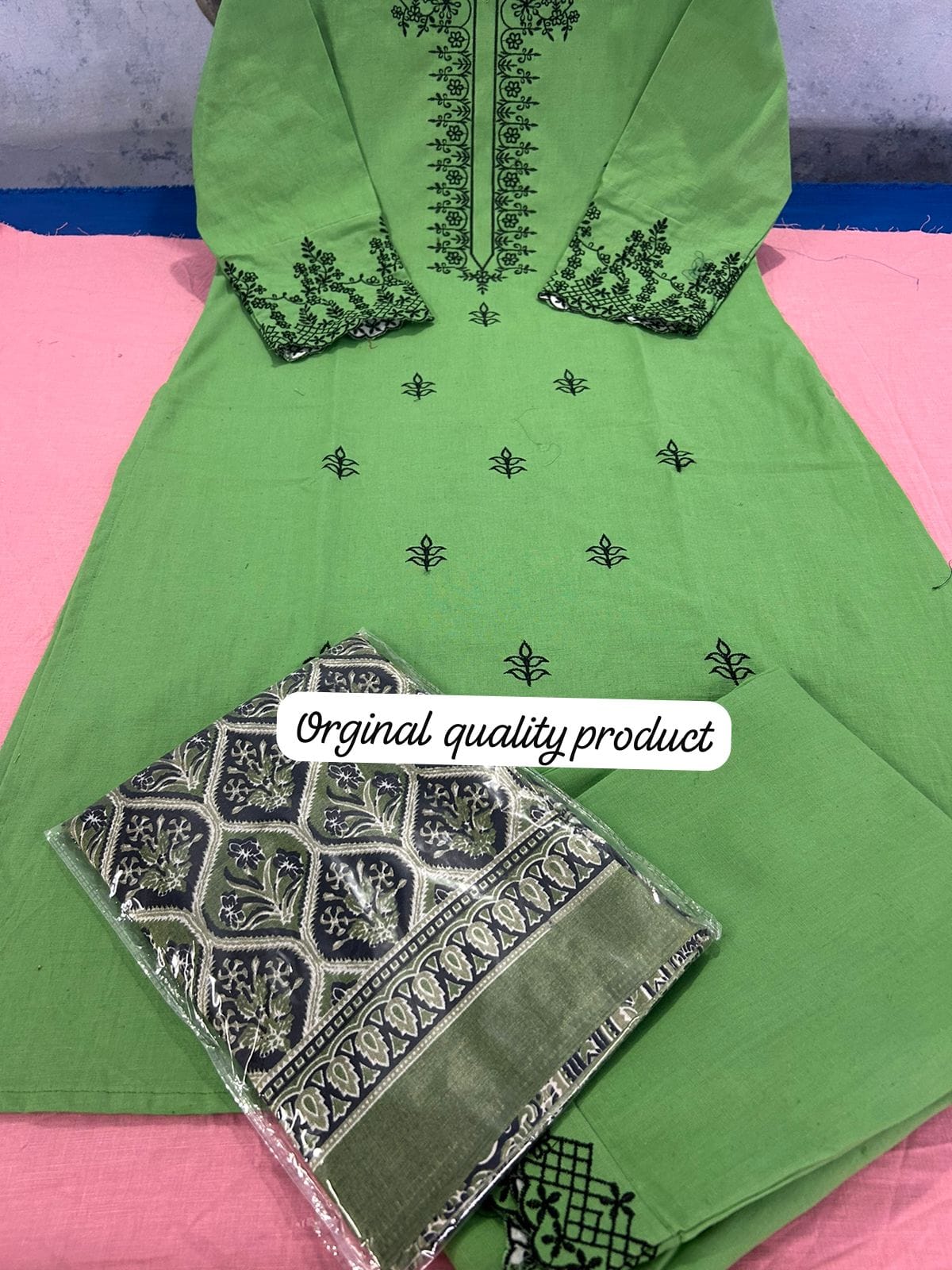 Embroidered Cotton Kurta Set with Khadi Silk Ajrakh Dupatta