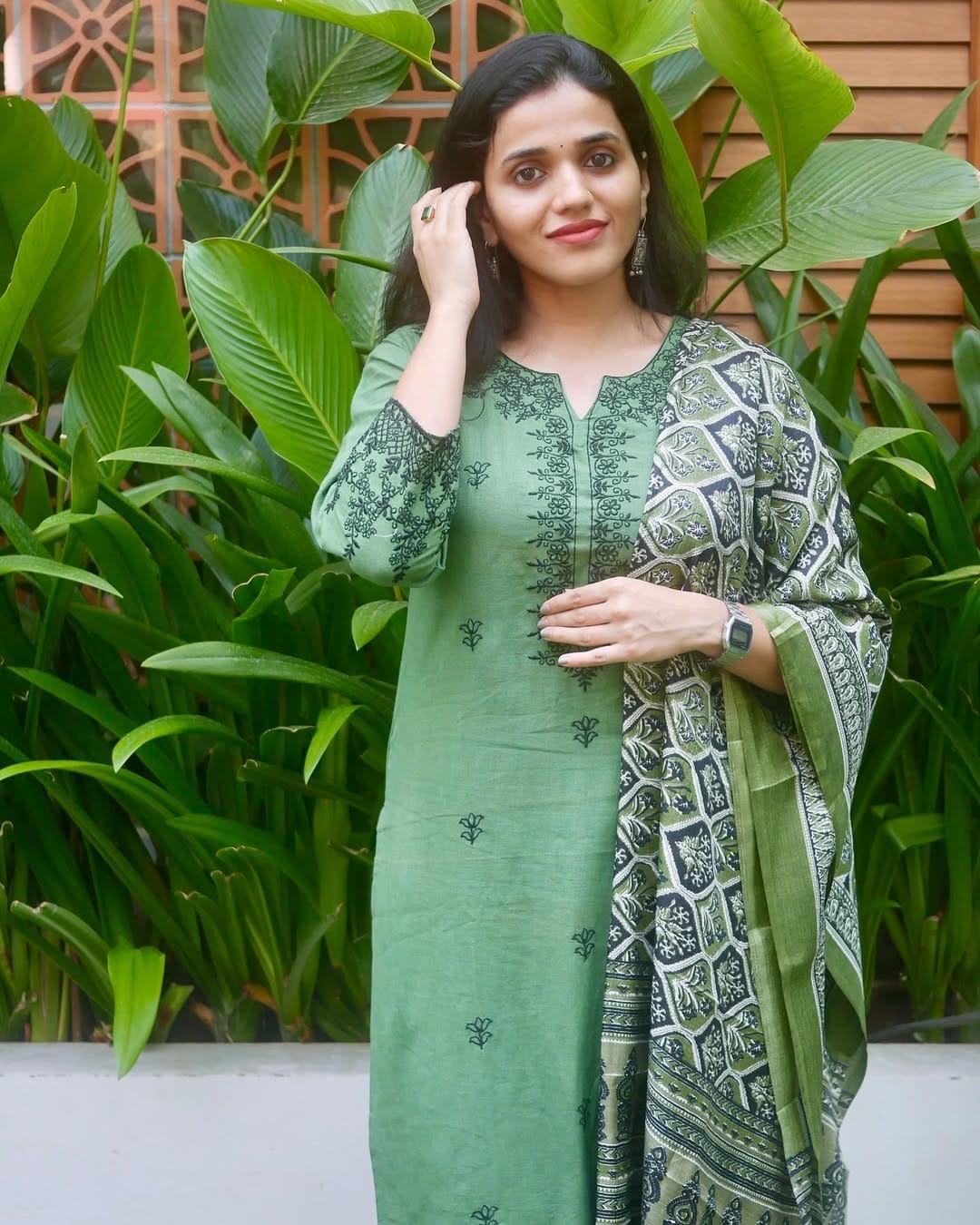 Embroidered Cotton Kurta Set with Khadi Silk Ajrakh Dupatta