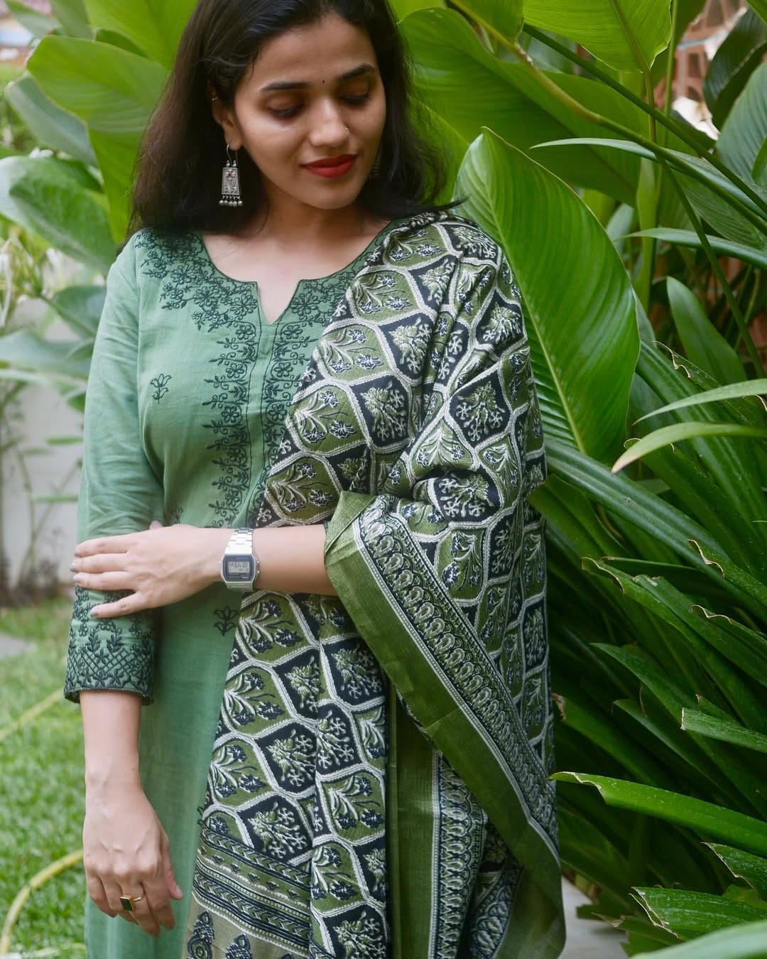 Embroidered Cotton Kurta Set with Khadi Silk Ajrakh Dupatta