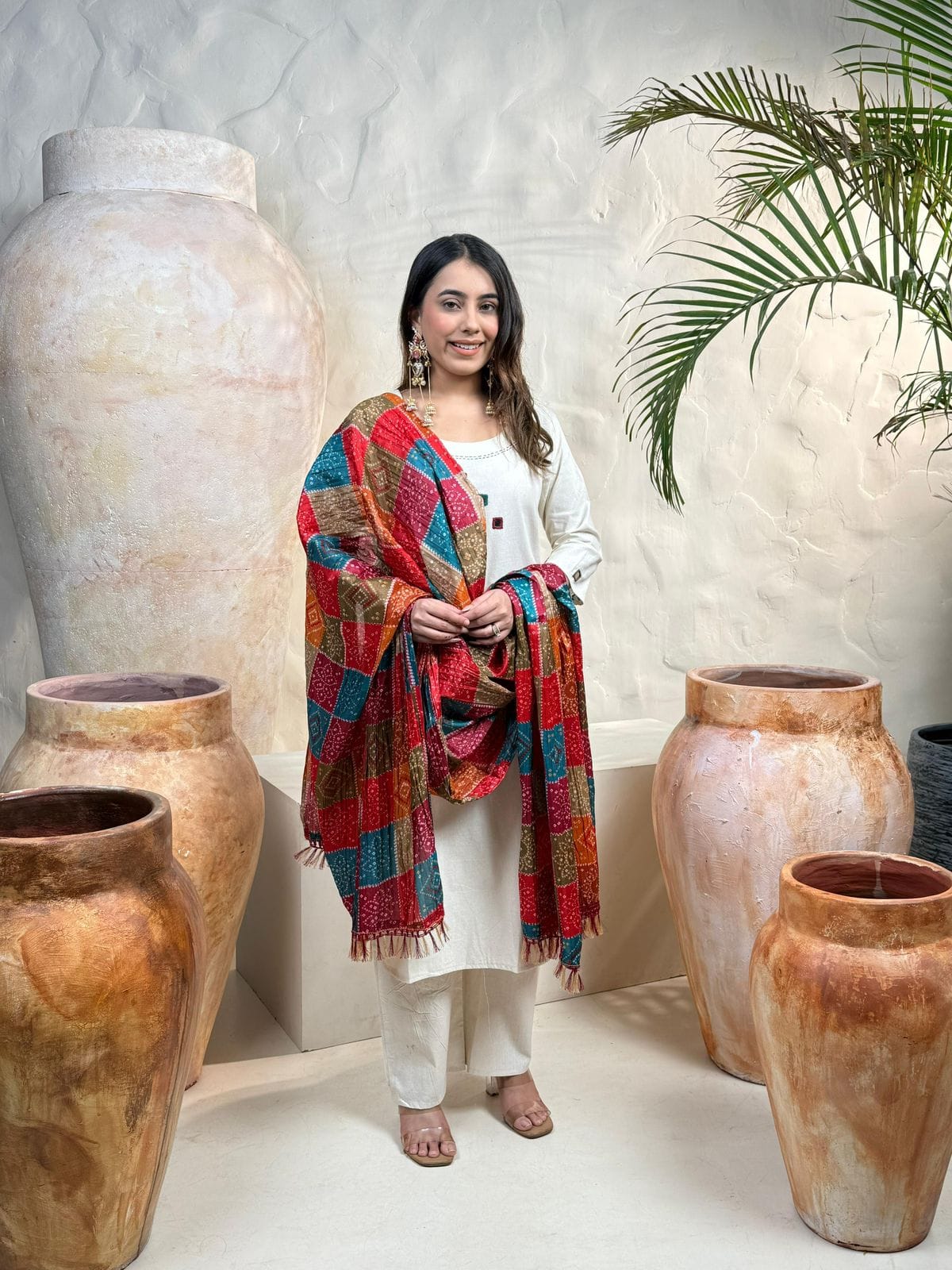 Off-White Khadi Cotton Suit Set with Embroidered Detailing & Bandhani Dupatta