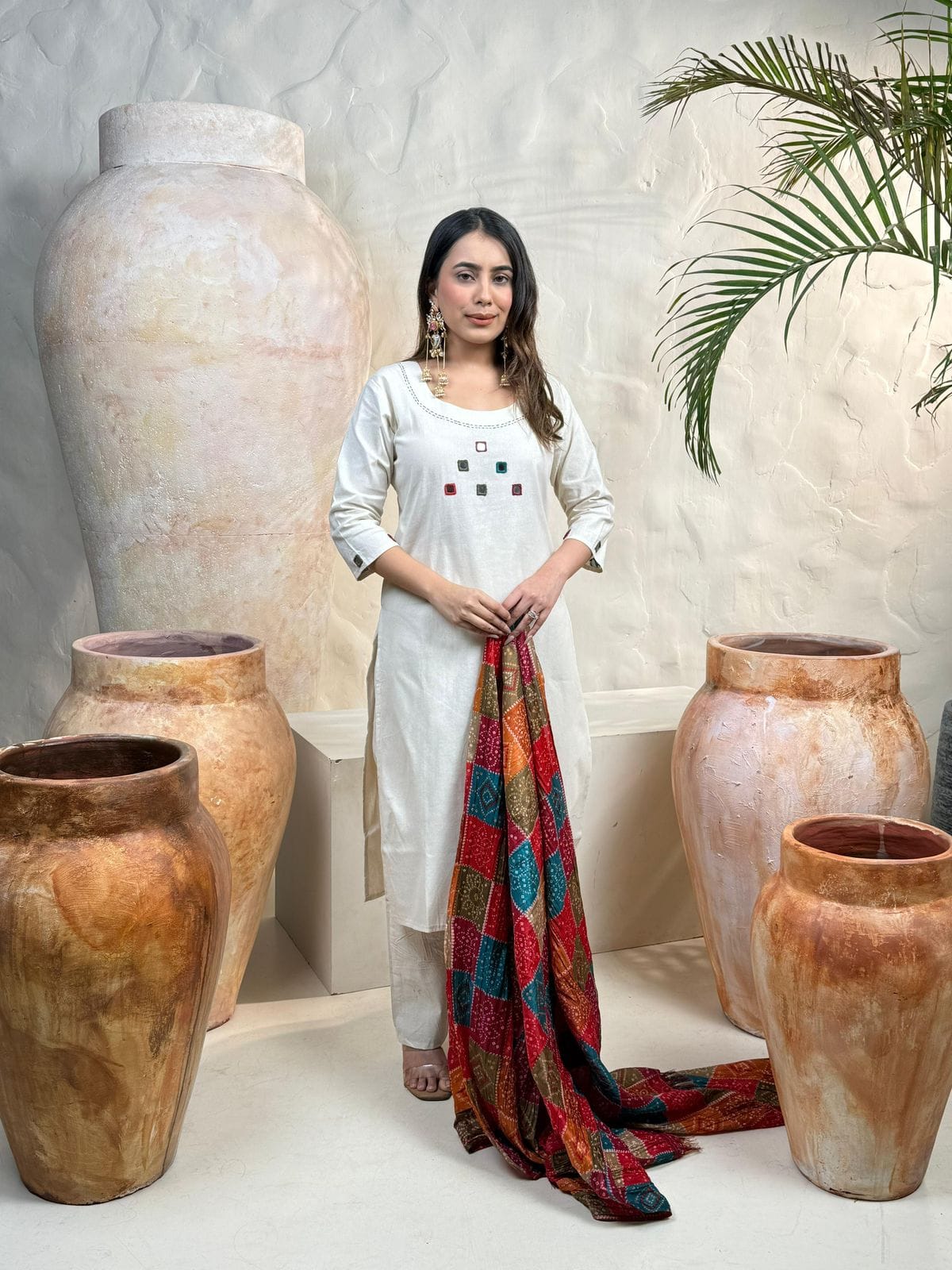 Off-White Khadi Cotton Suit Set with Embroidered Detailing & Bandhani Dupatta