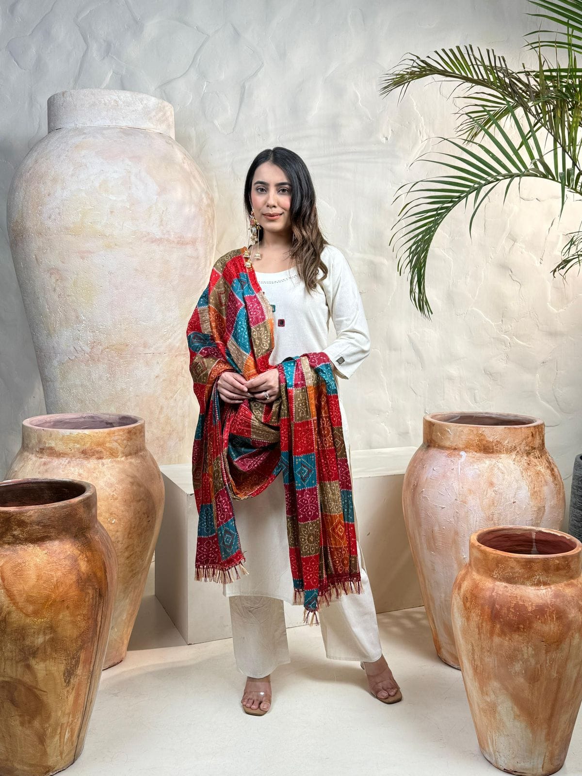 Off-White Khadi Cotton Suit Set with Embroidered Detailing & Bandhani Dupatta
