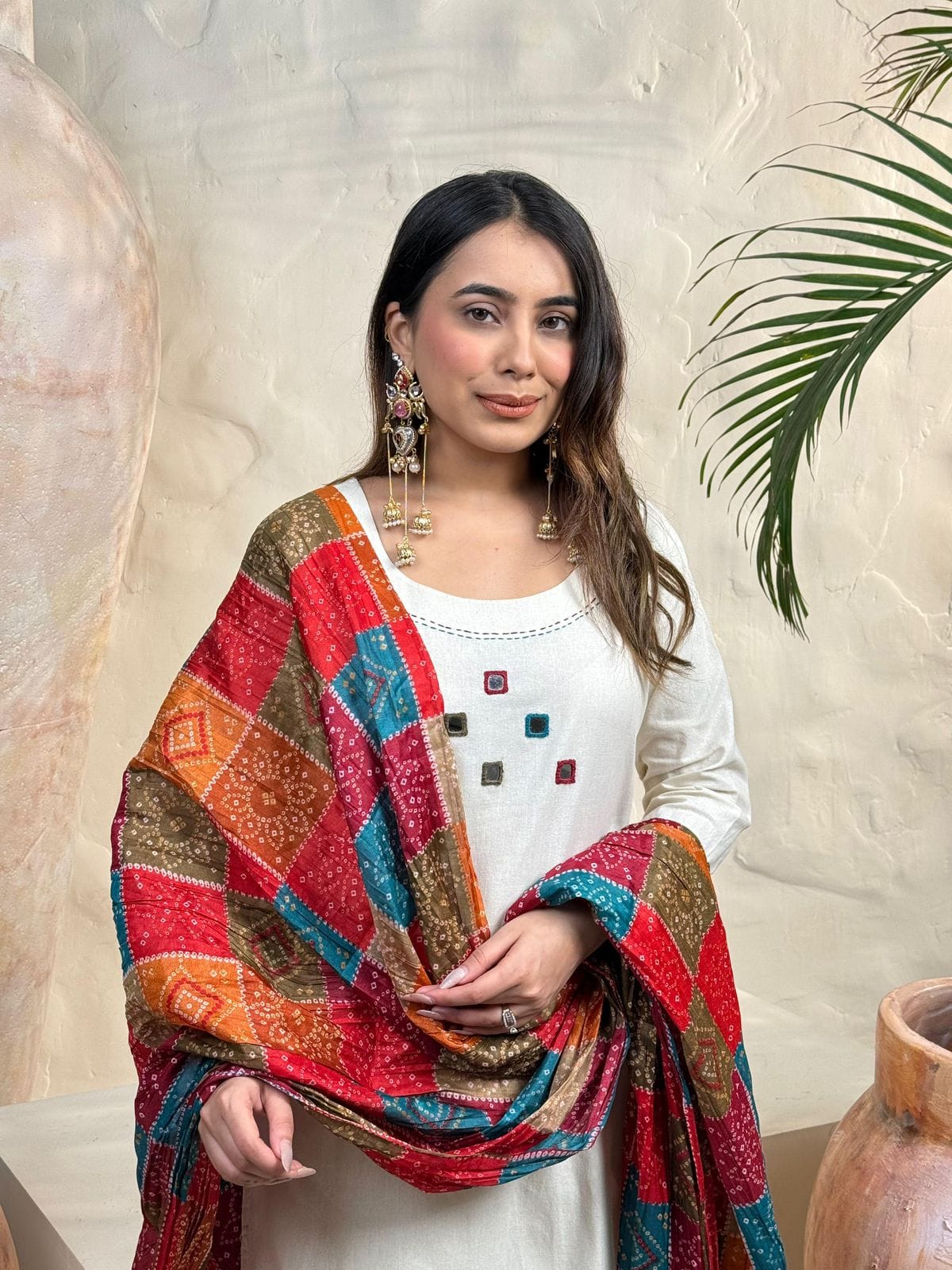 Off-White Khadi Cotton Suit Set with Embroidered Detailing & Bandhani Dupatta