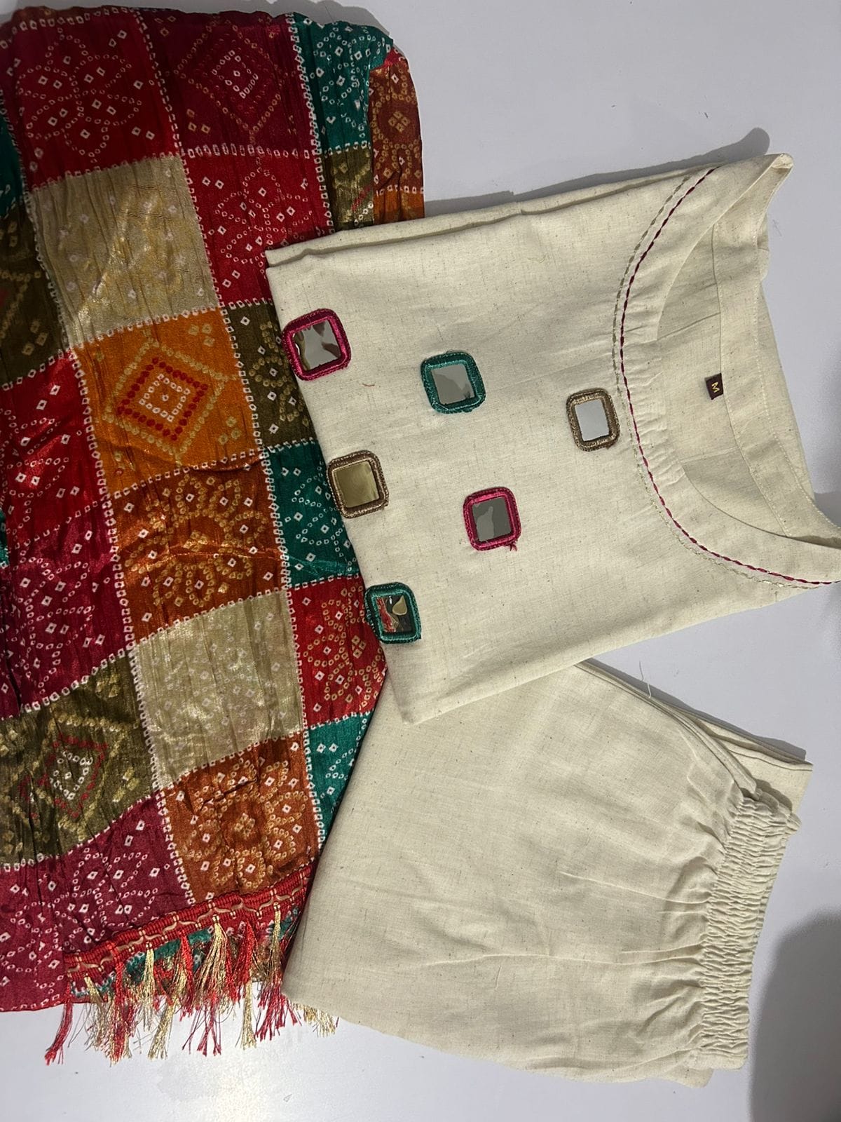 Off-White Khadi Cotton Suit Set with Embroidered Detailing & Bandhani Dupatta