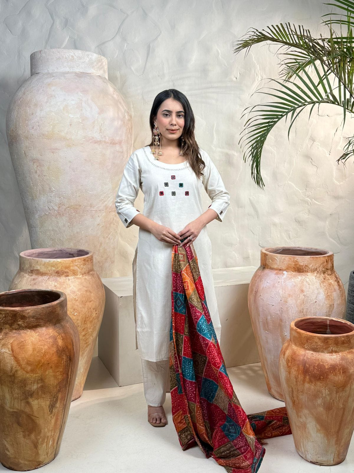 Off-White Khadi Cotton Suit Set with Embroidered Detailing & Bandhani Dupatta