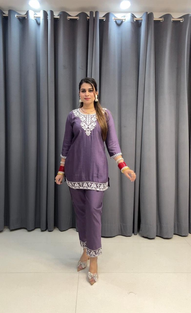 Embroidered Cotton Chikankari-Style Co-Ord Set