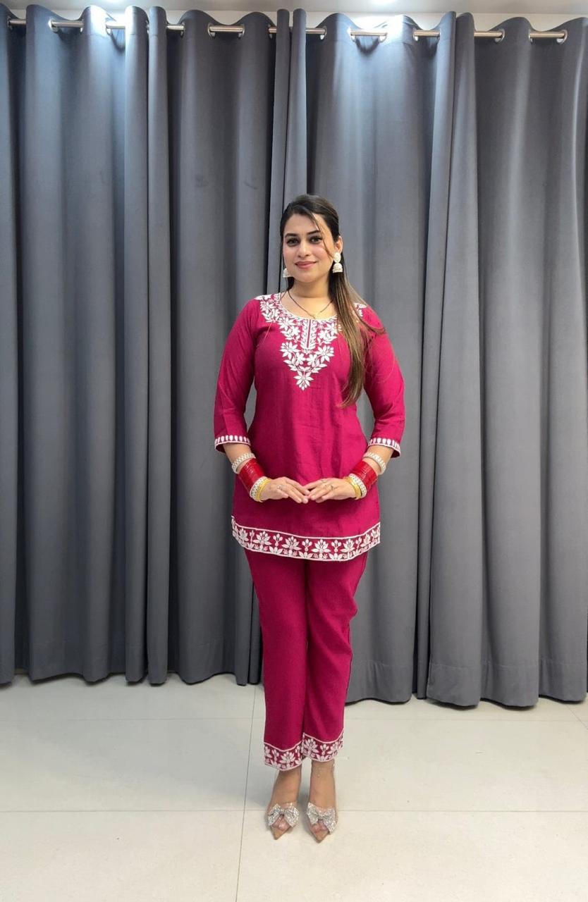 Embroidered Cotton Chikankari-Style Co-Ord Set