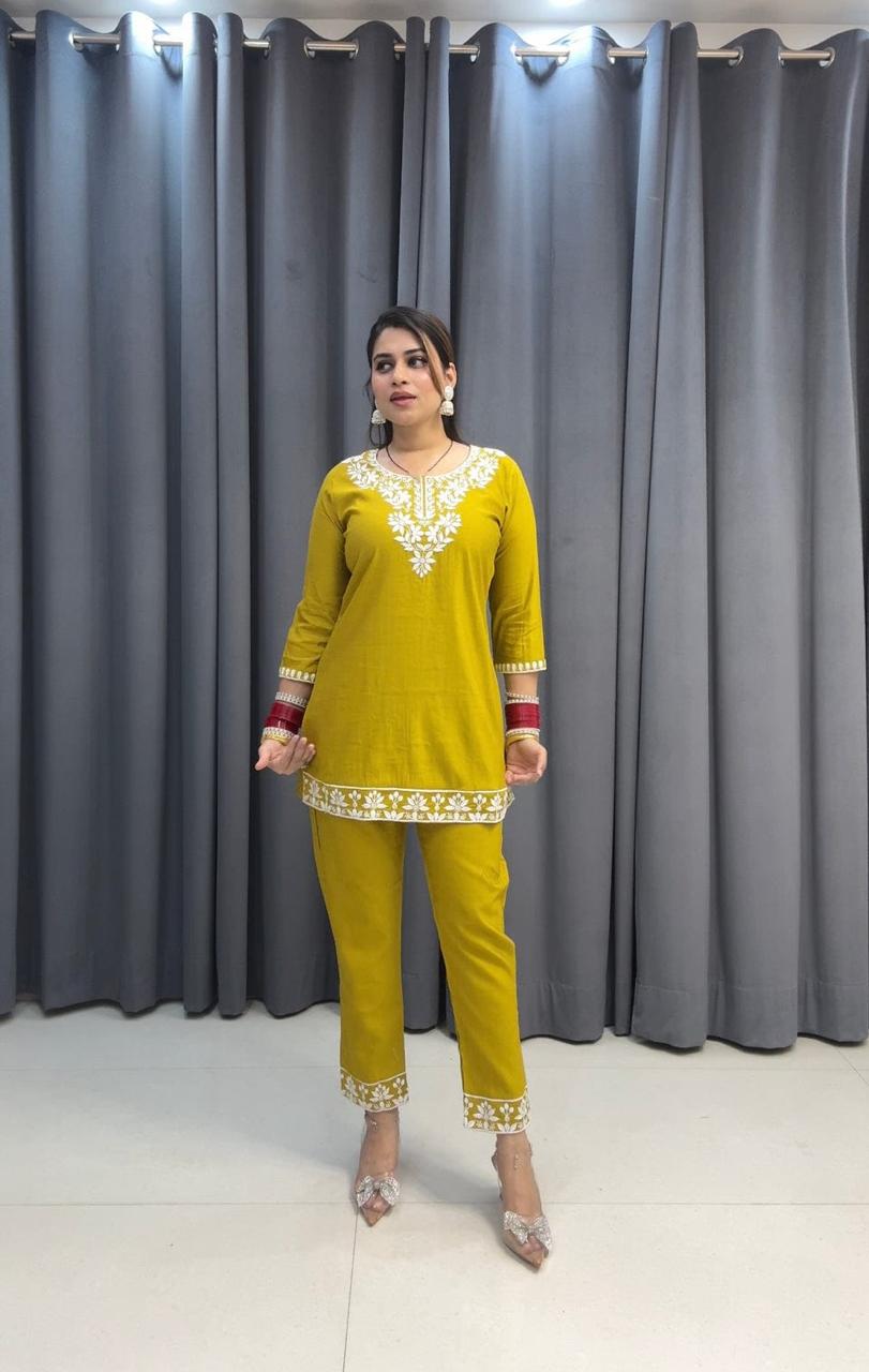 Embroidered Cotton Chikankari-Style Co-Ord Set