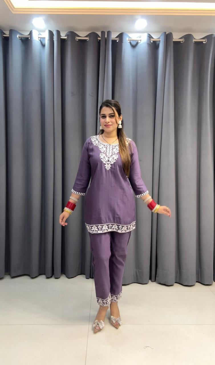 Embroidered Cotton Chikankari-Style Co-Ord Set