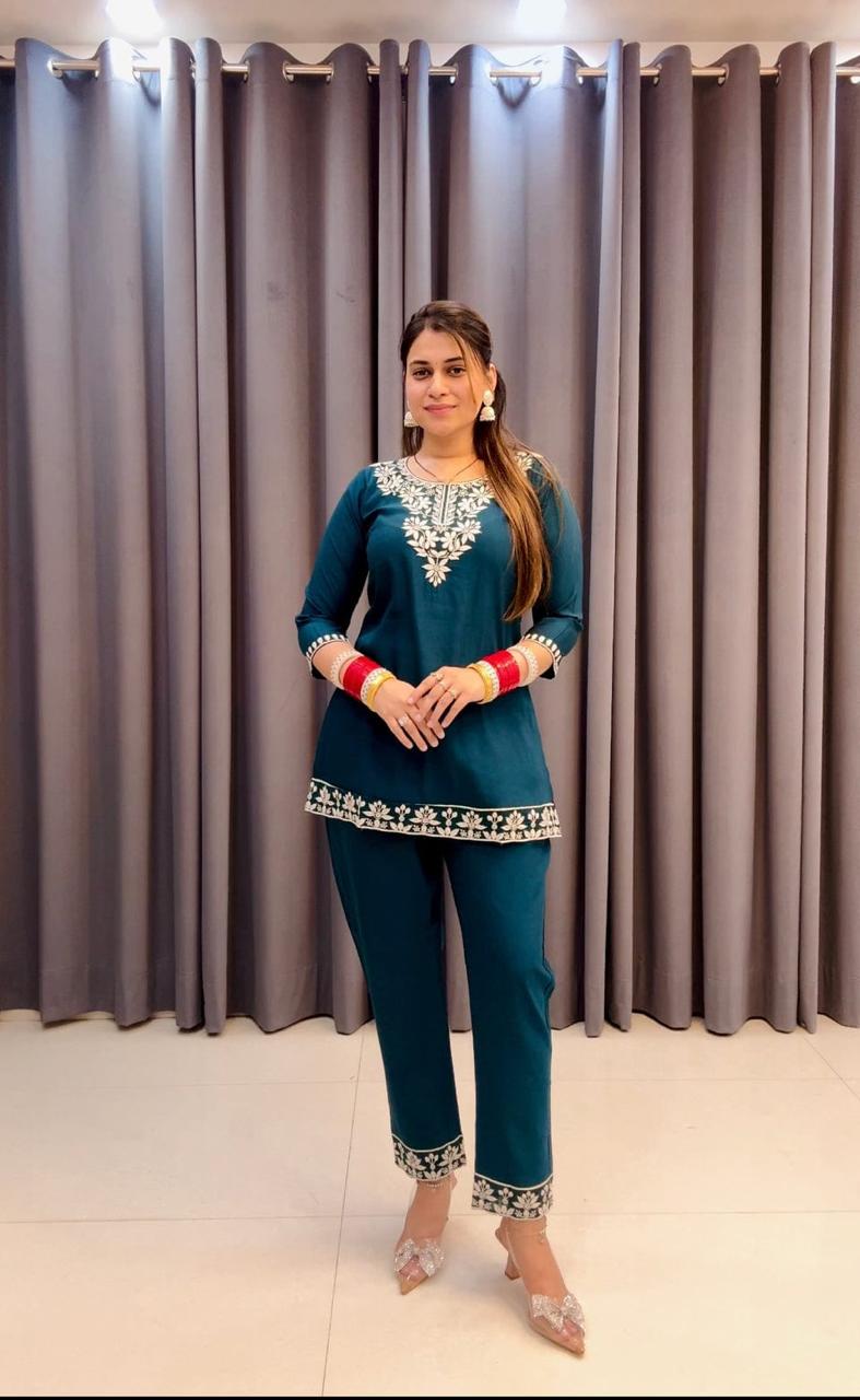 Embroidered Cotton Chikankari-Style Co-Ord Set