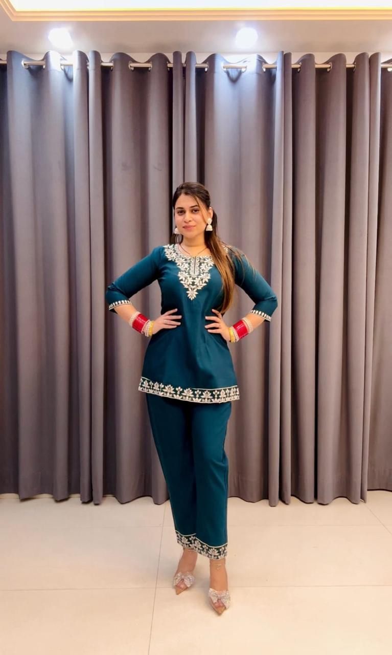 Embroidered Cotton Chikankari-Style Co-Ord Set