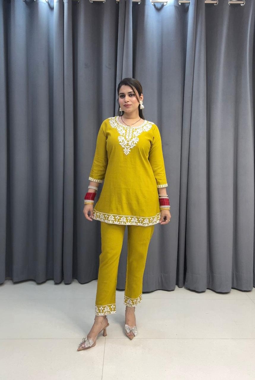 Embroidered Cotton Chikankari-Style Co-Ord Set