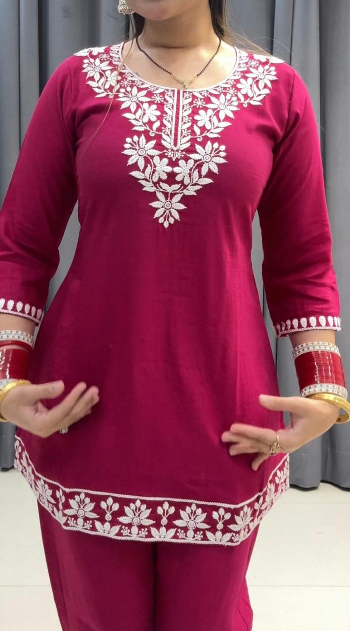 Embroidered Cotton Chikankari-Style Co-Ord Set