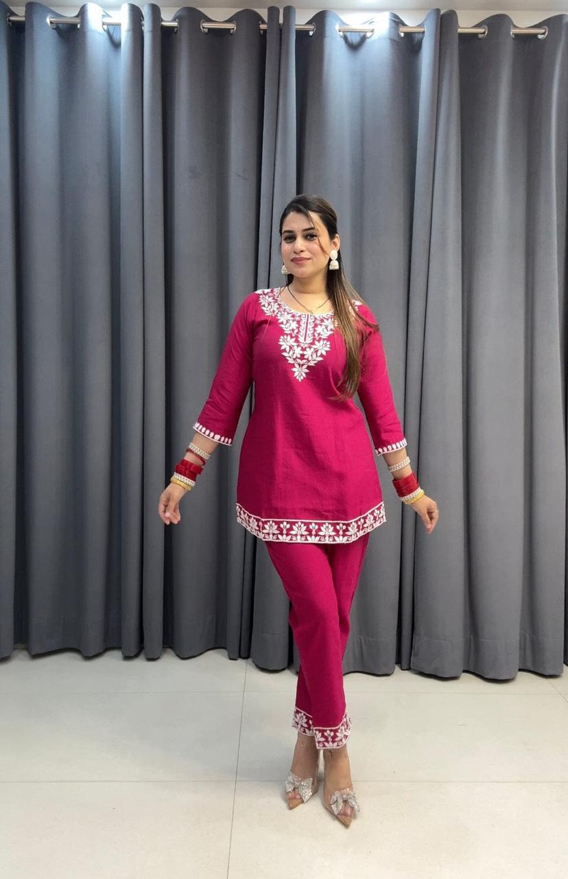 Embroidered Cotton Chikankari-Style Co-Ord Set