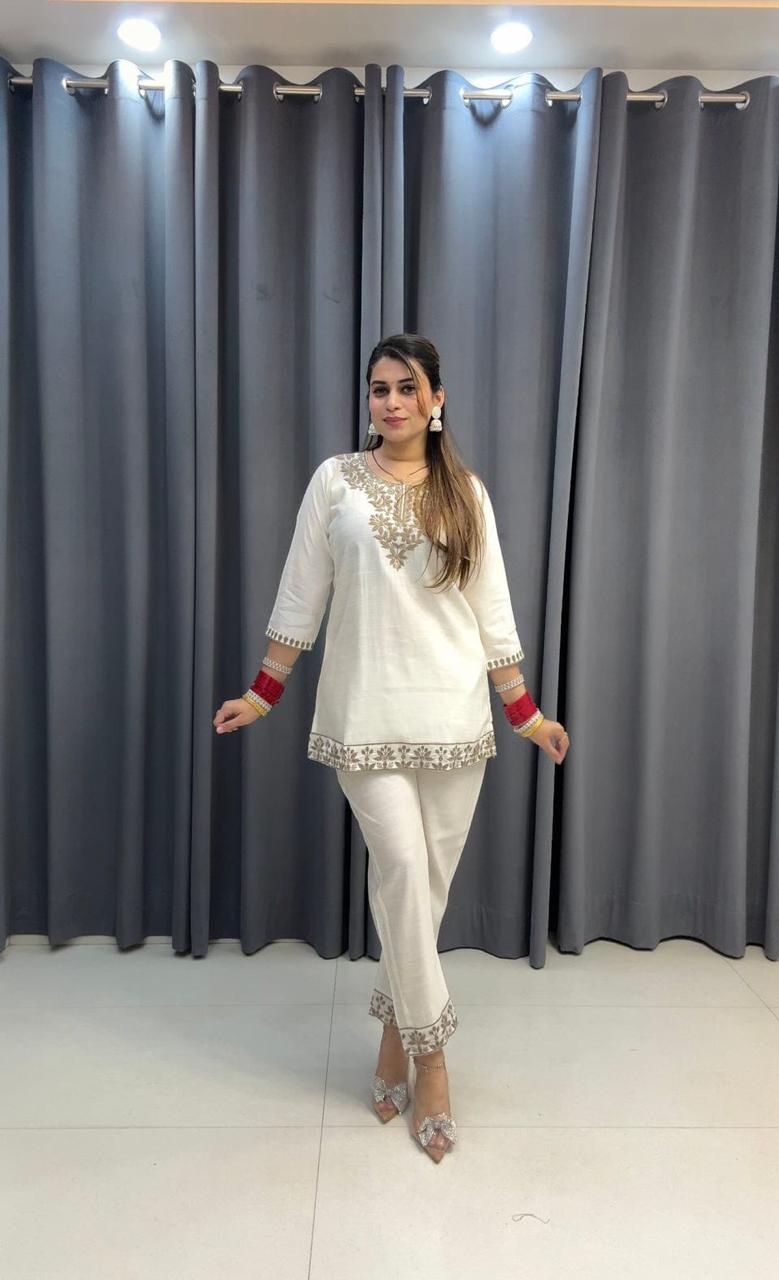 Embroidered Cotton Chikankari-Style Co-Ord Set