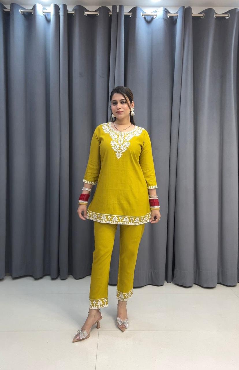 Embroidered Cotton Chikankari-Style Co-Ord Set