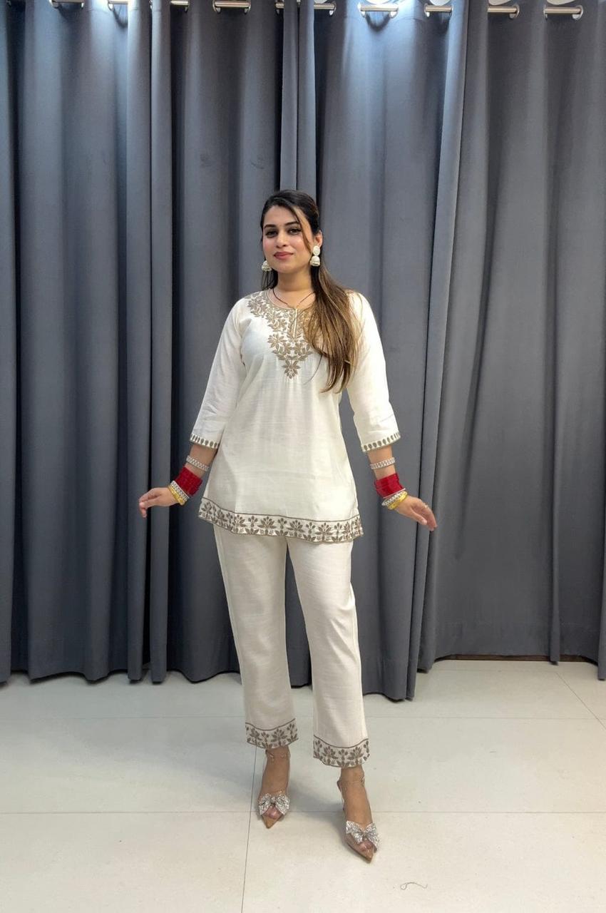 Embroidered Cotton Chikankari-Style Co-Ord Set