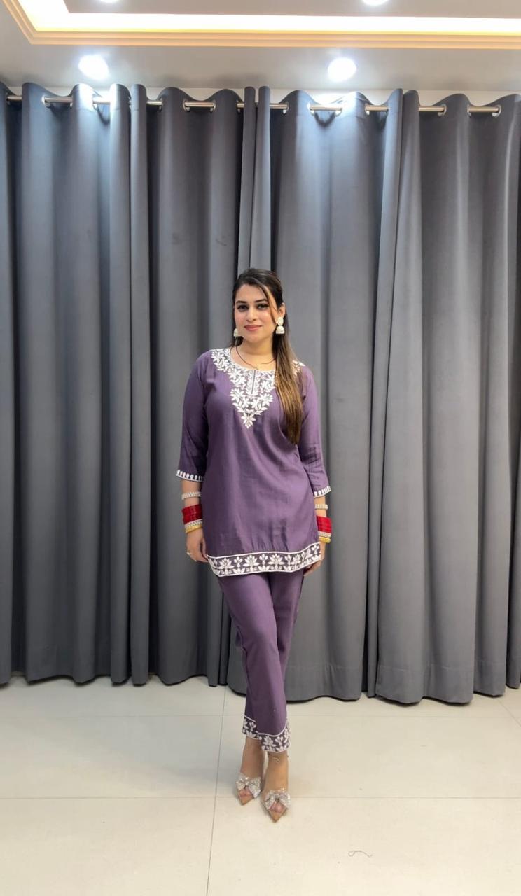 Embroidered Cotton Chikankari-Style Co-Ord Set