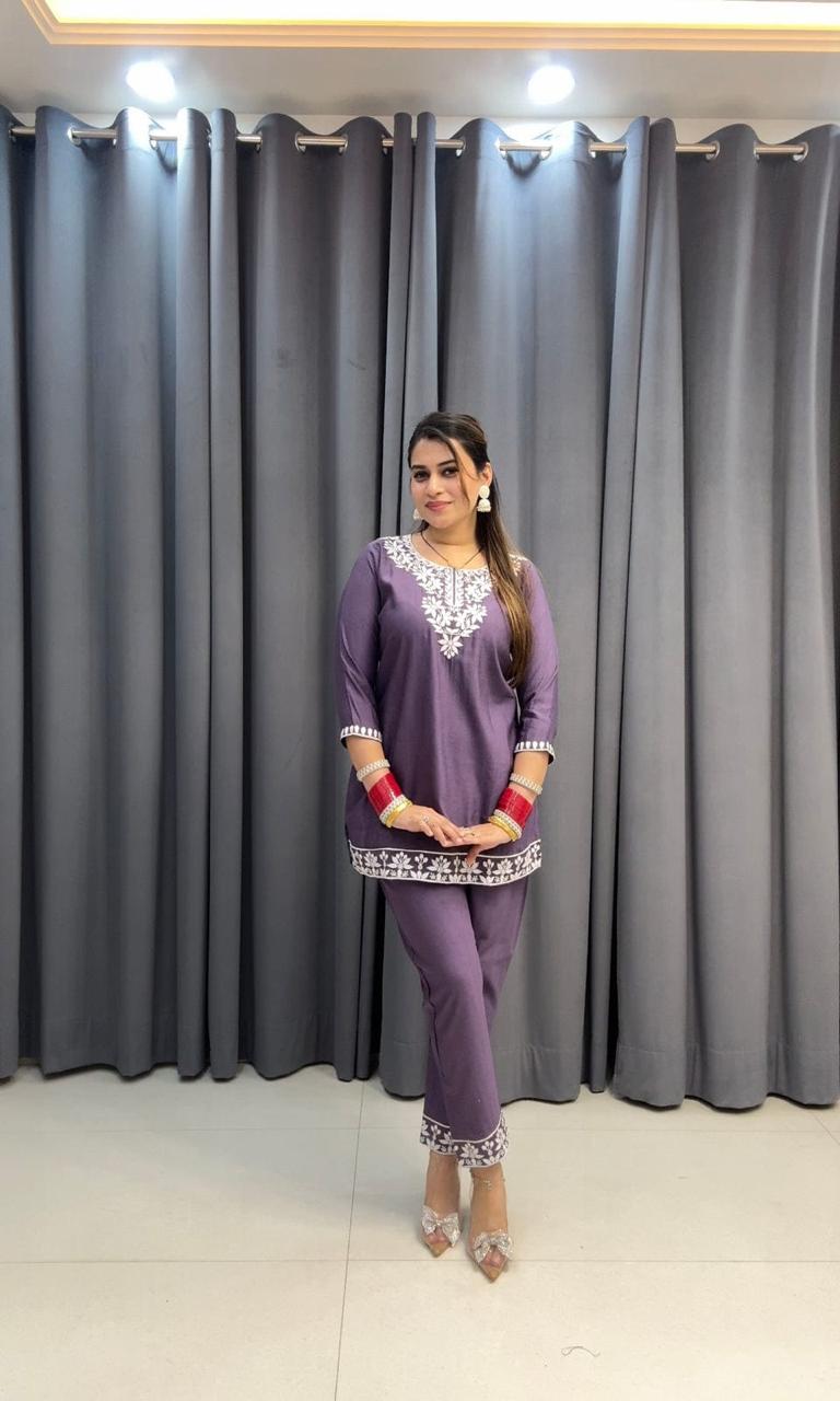 Embroidered Cotton Chikankari-Style Co-Ord Set