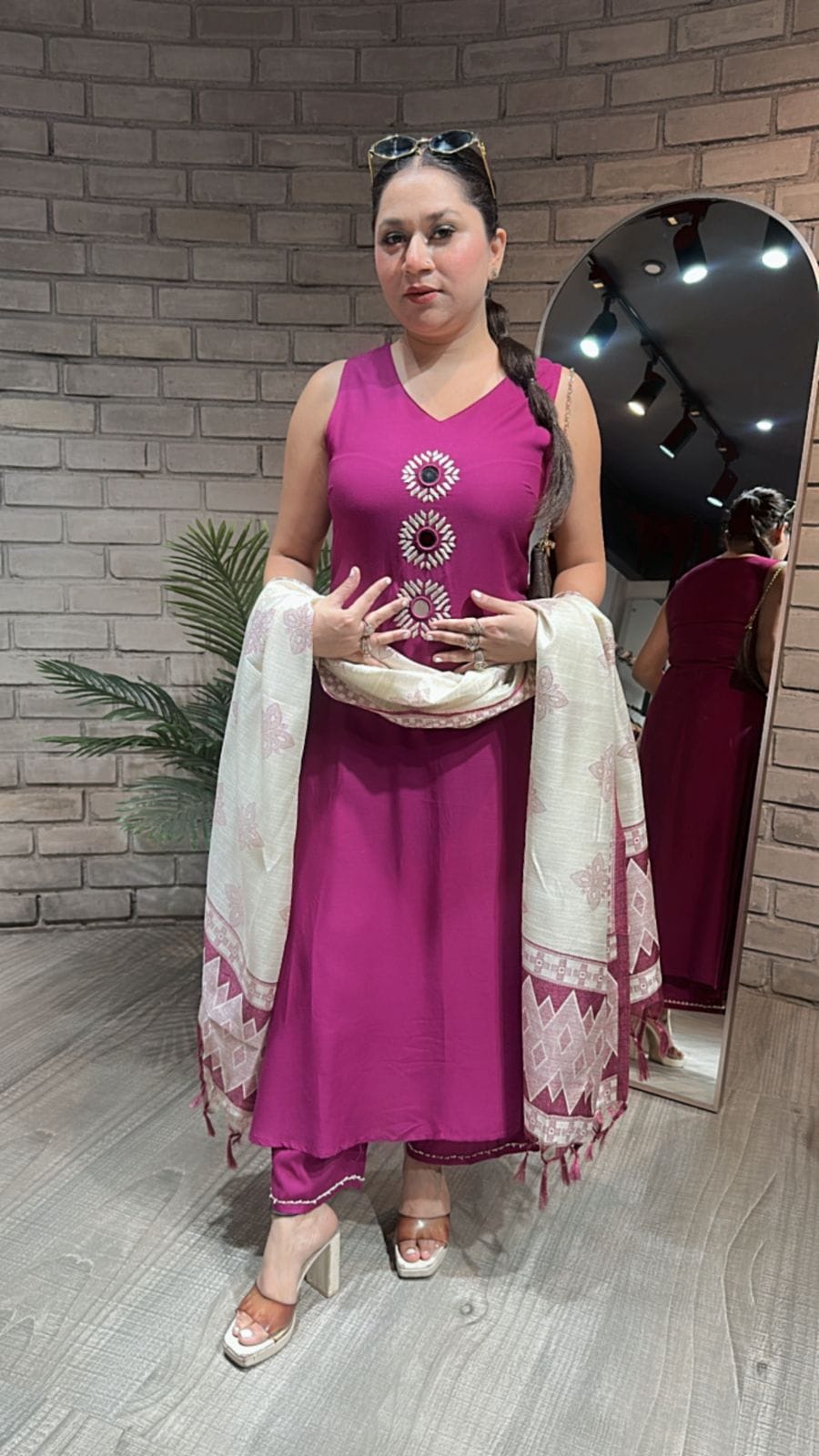 Embroidered V-Neck Kurti Set with Dupatta