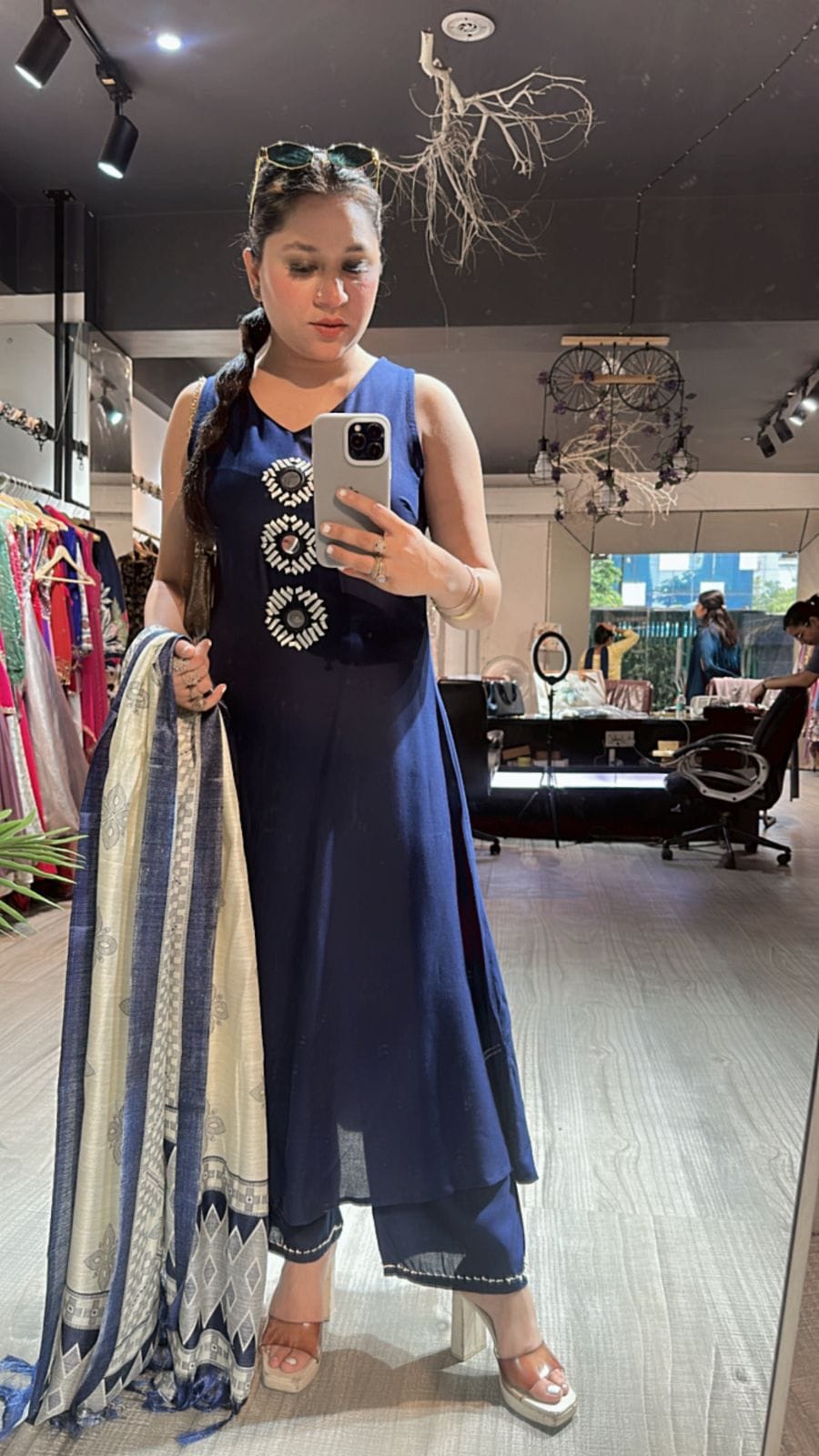 Embroidered V-Neck Kurti Set with Dupatta