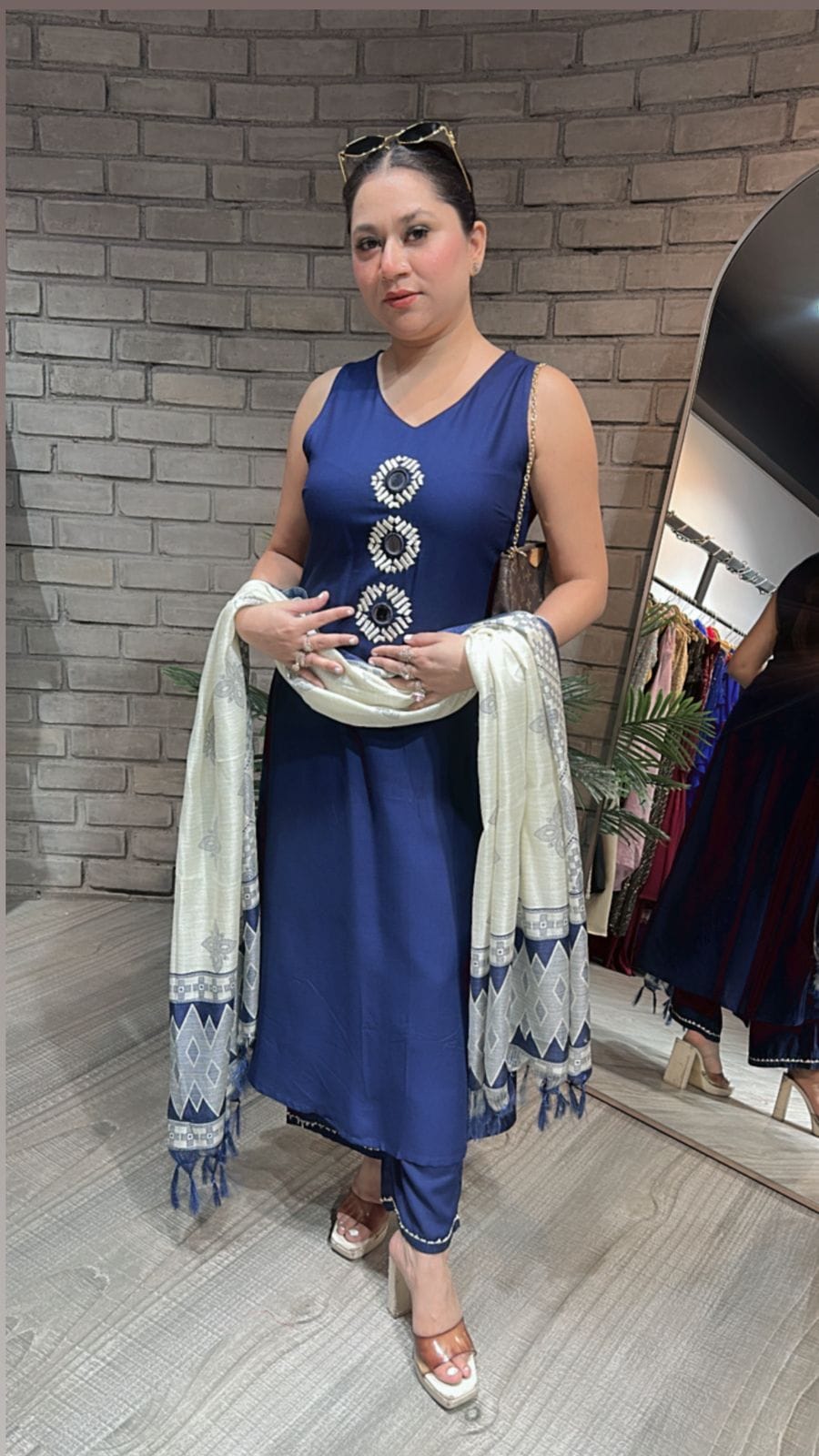 Embroidered V-Neck Kurti Set with Dupatta