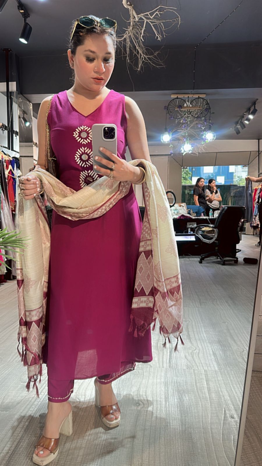 Embroidered V-Neck Kurti Set with Dupatta