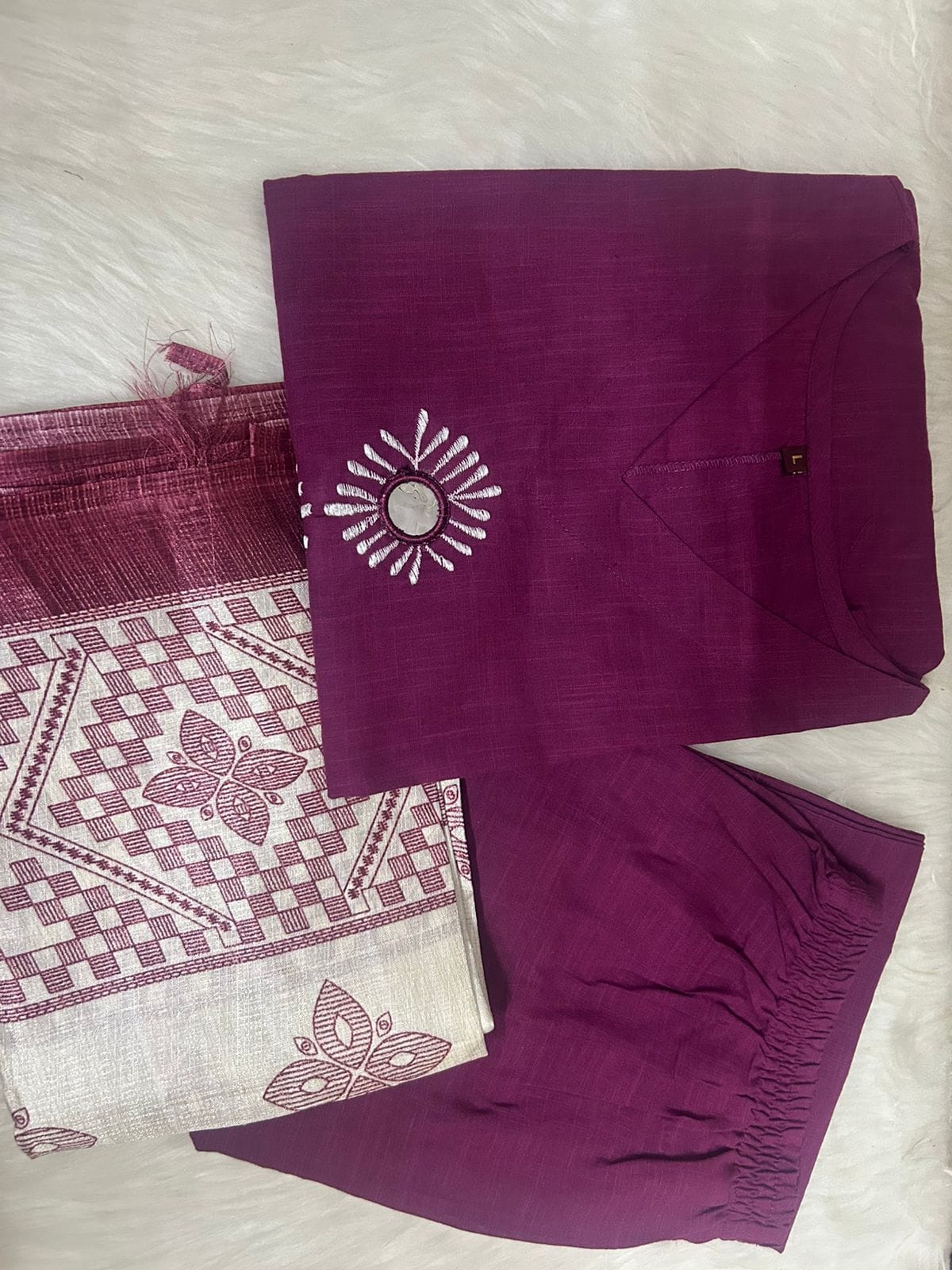 Embroidered V-Neck Kurti Set with Dupatta