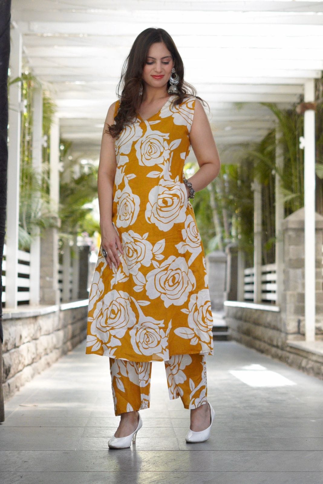 Floral Elegance A-Line Kurti Set with Straight Pants