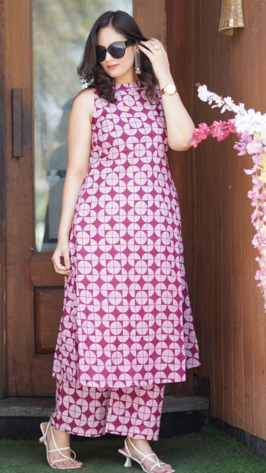 Magenta Geometric Print Cotton Kurta & Palazzo Set