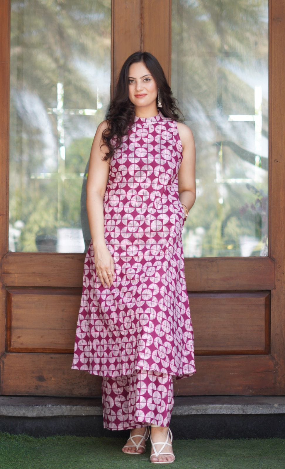 Magenta Geometric Print Cotton Kurta & Palazzo Set