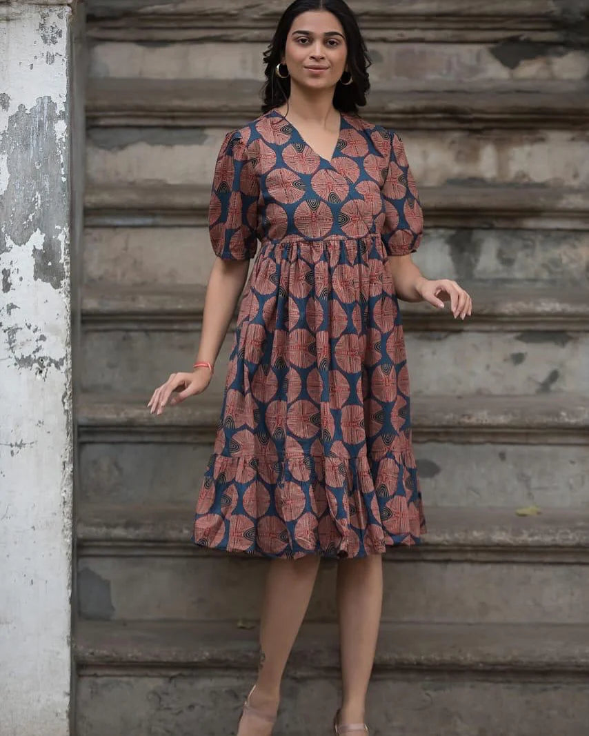 Rust-Orange Navy Blue Cotton Midi Dress with Puffed Sleeves.