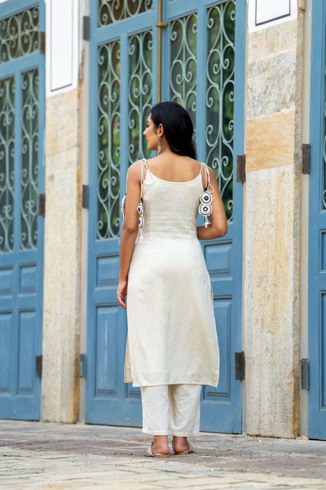 Off-White (Ivory) Cotton Kurti Set with Embroidered Floral Motifs