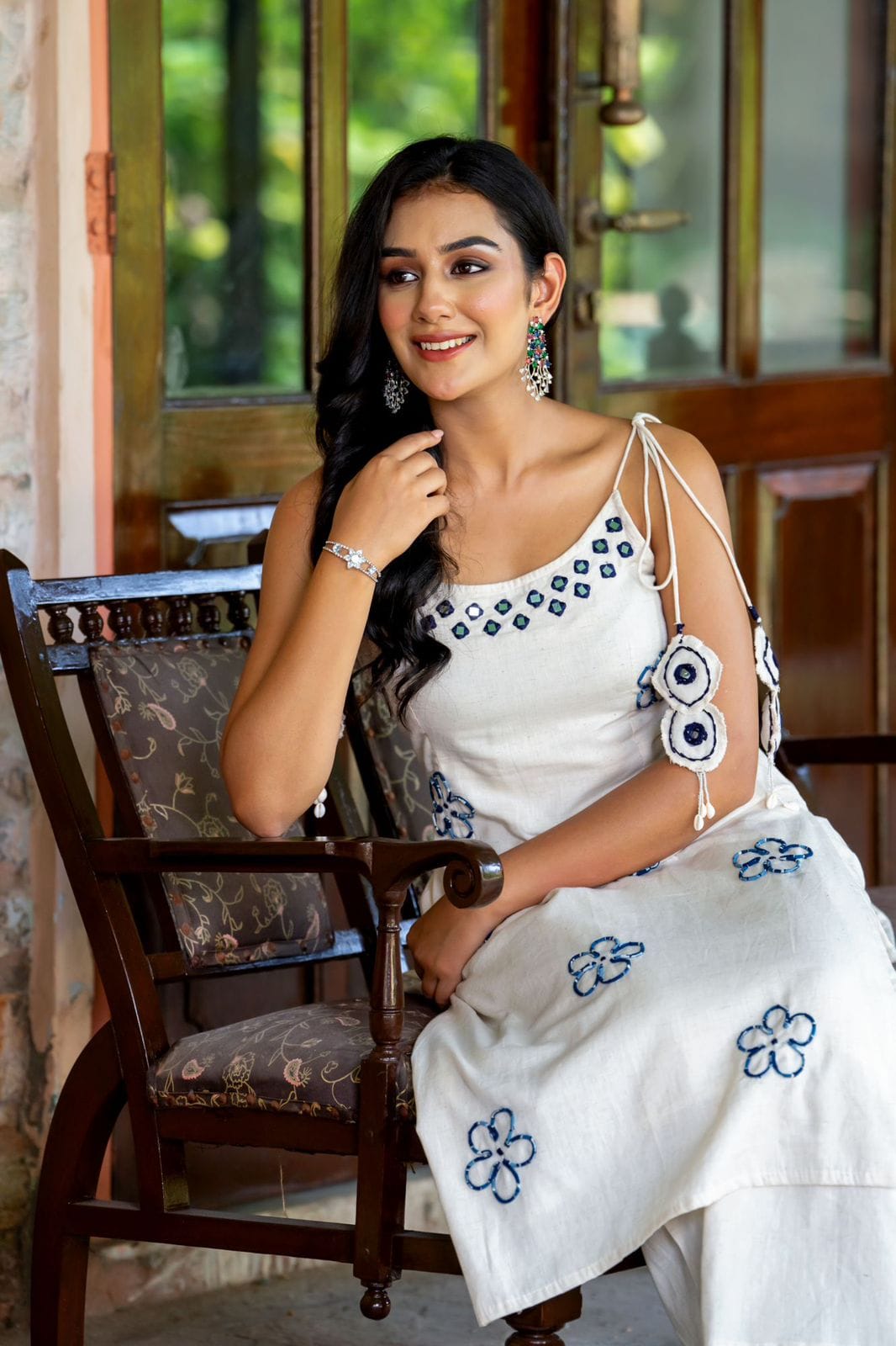 Off-White (Ivory) Cotton Kurti Set with Embroidered Floral Motifs