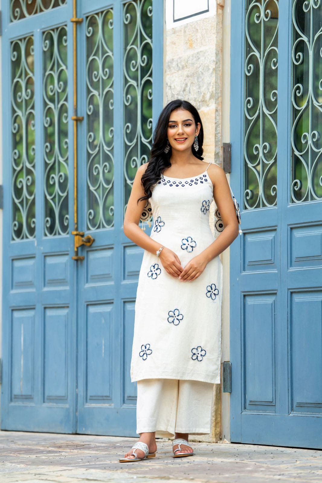 Off-White (Ivory) Cotton Kurti Set with Embroidered Floral Motifs