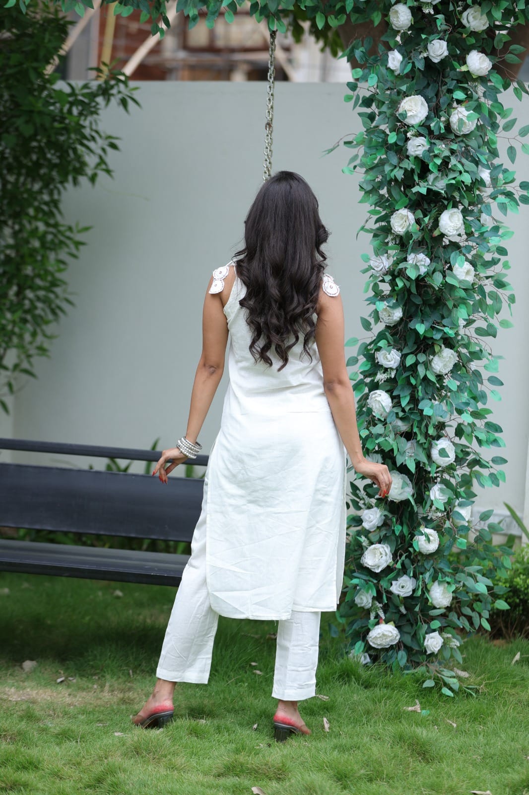 Off-White (Ivory) Cotton Kurti Set with Embroidered Floral Motifs
