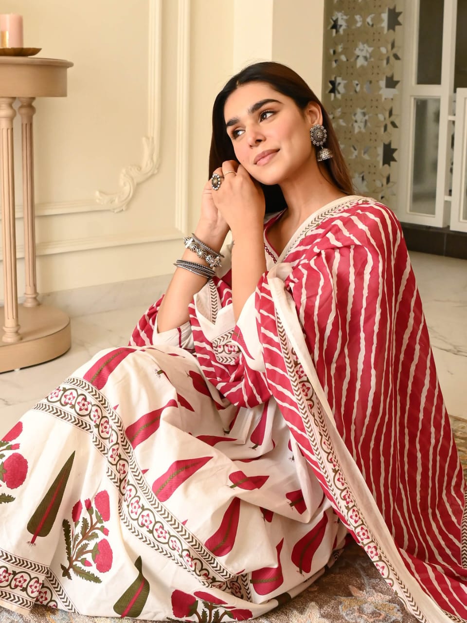 Kurti Set with Embroidered Yoke & Lace-Trimmed Dupatta.