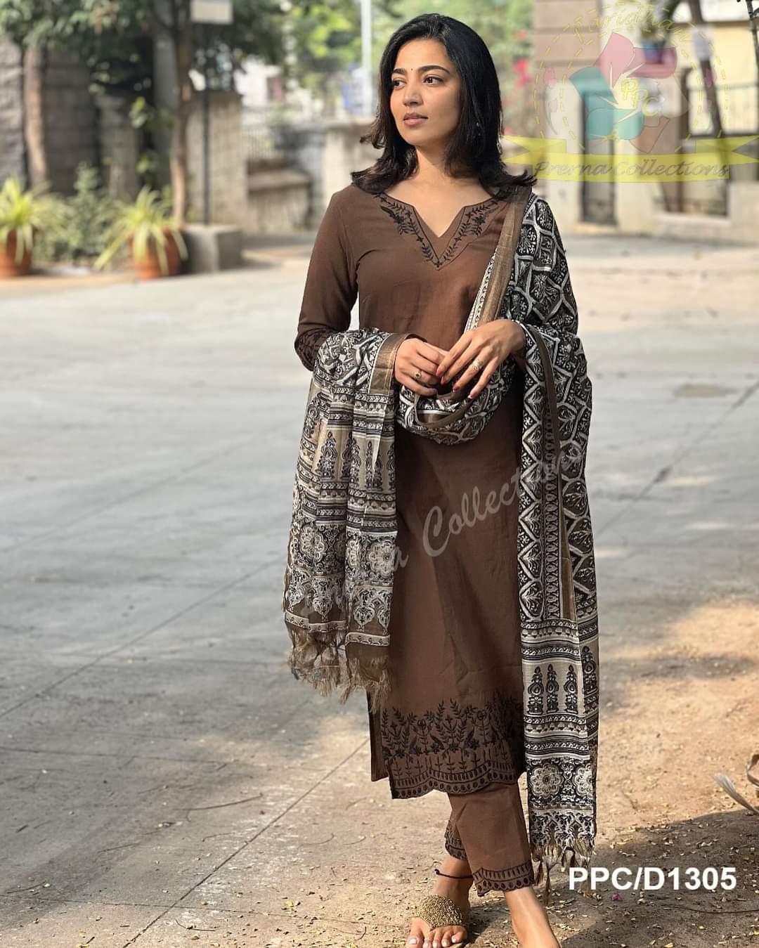 Brown Cotton Kurti Set with Printed Dupatta.