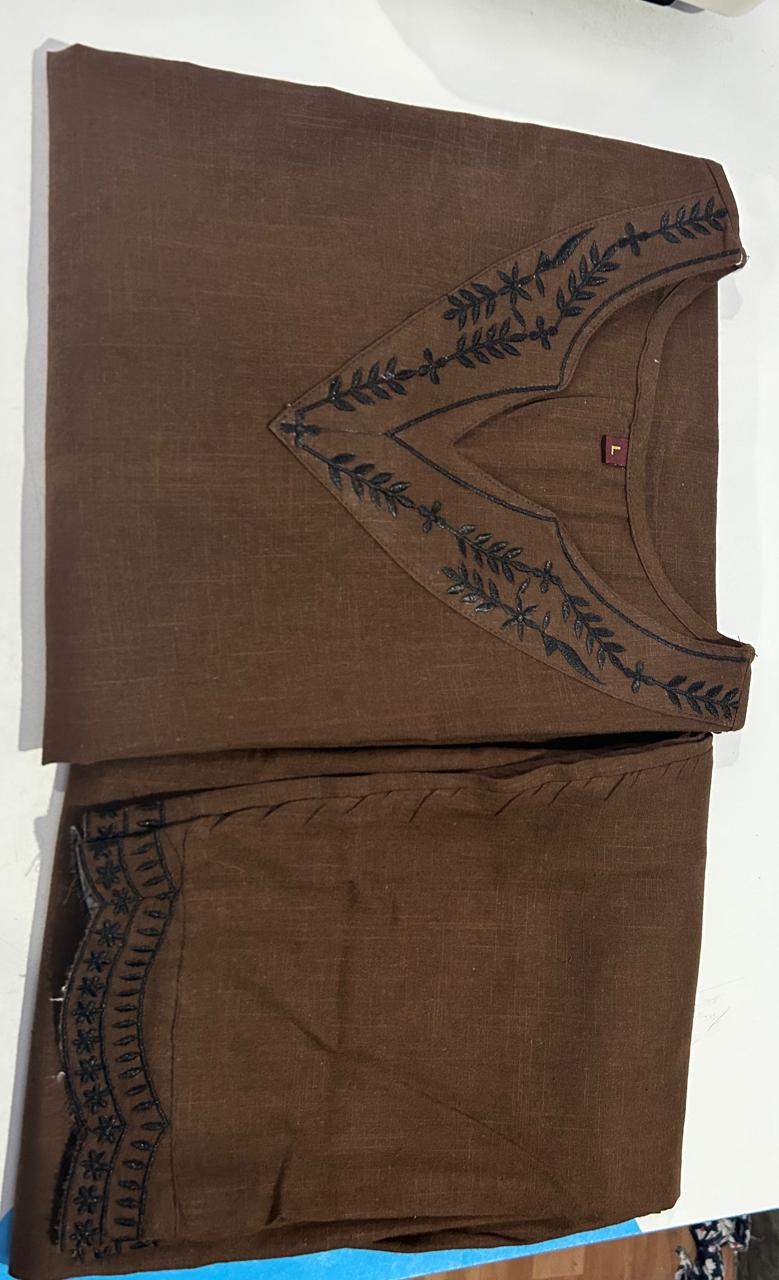 Brown Cotton Kurti Set with Printed Dupatta.