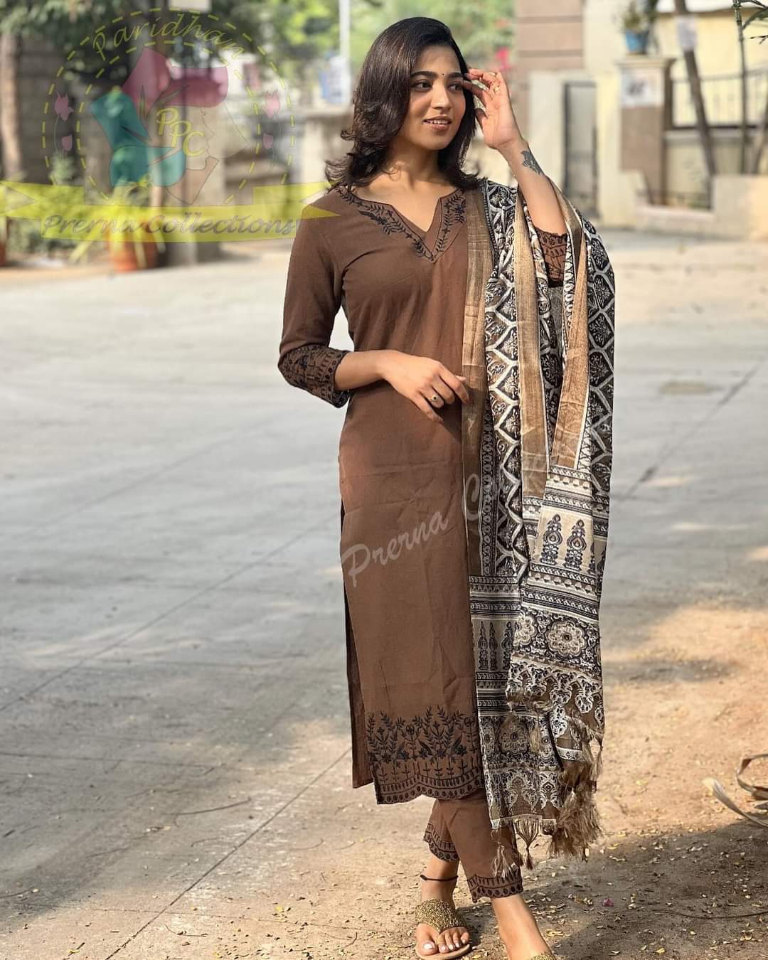 Brown Cotton Kurti Set with Printed Dupatta.