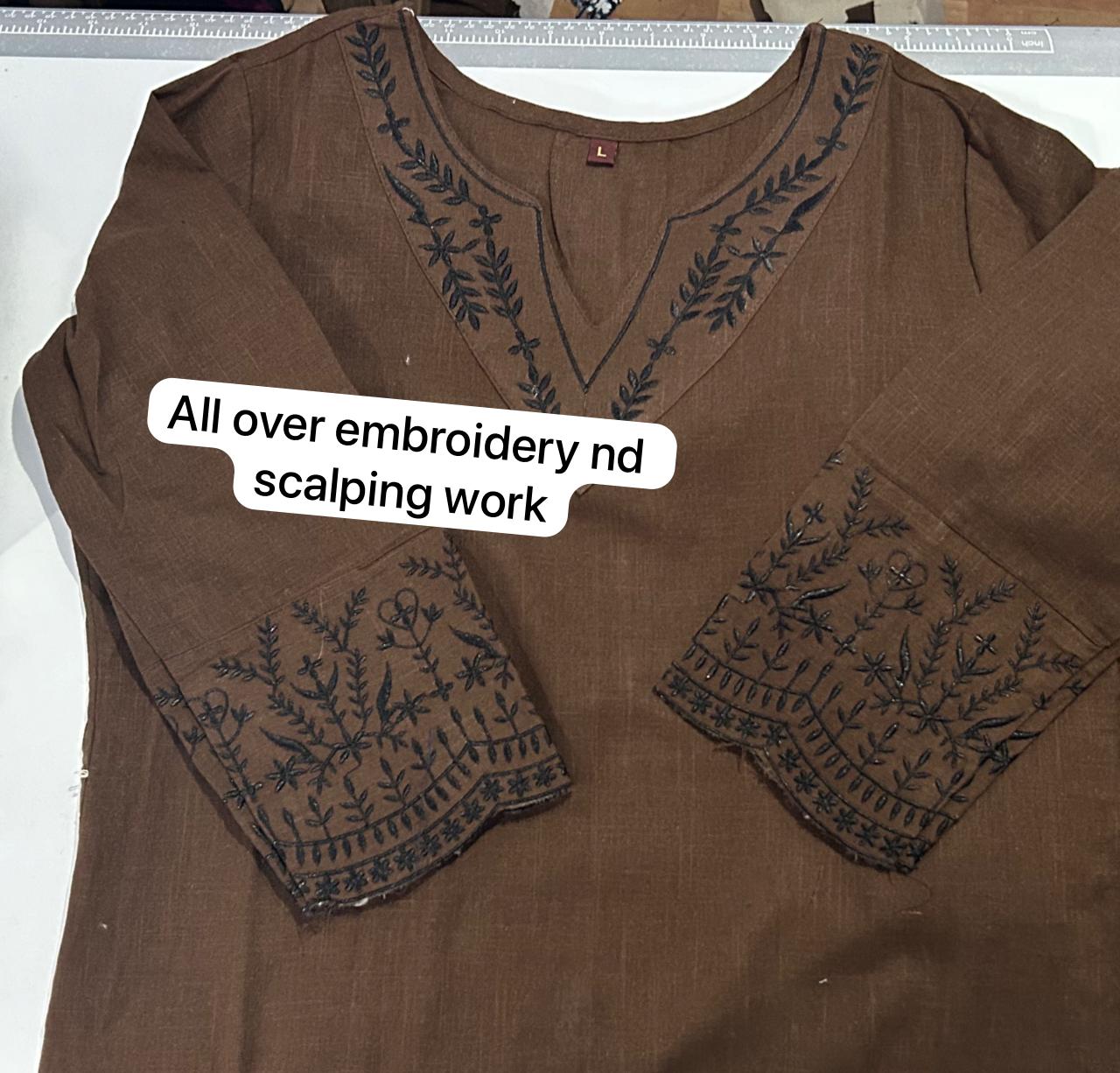 Brown Cotton Kurti Set with Printed Dupatta.
