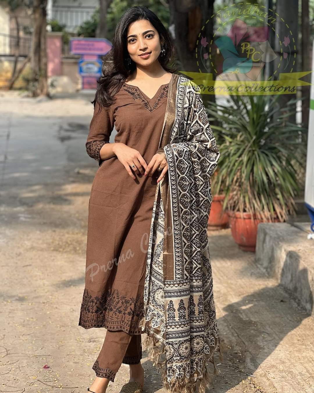 Brown Cotton Kurti Set with Printed Dupatta.