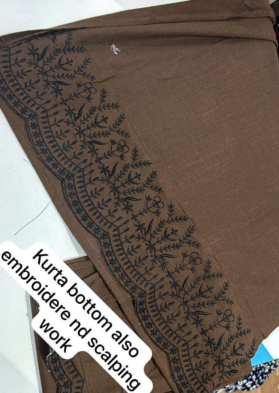 Brown Cotton Kurti Set with Printed Dupatta.