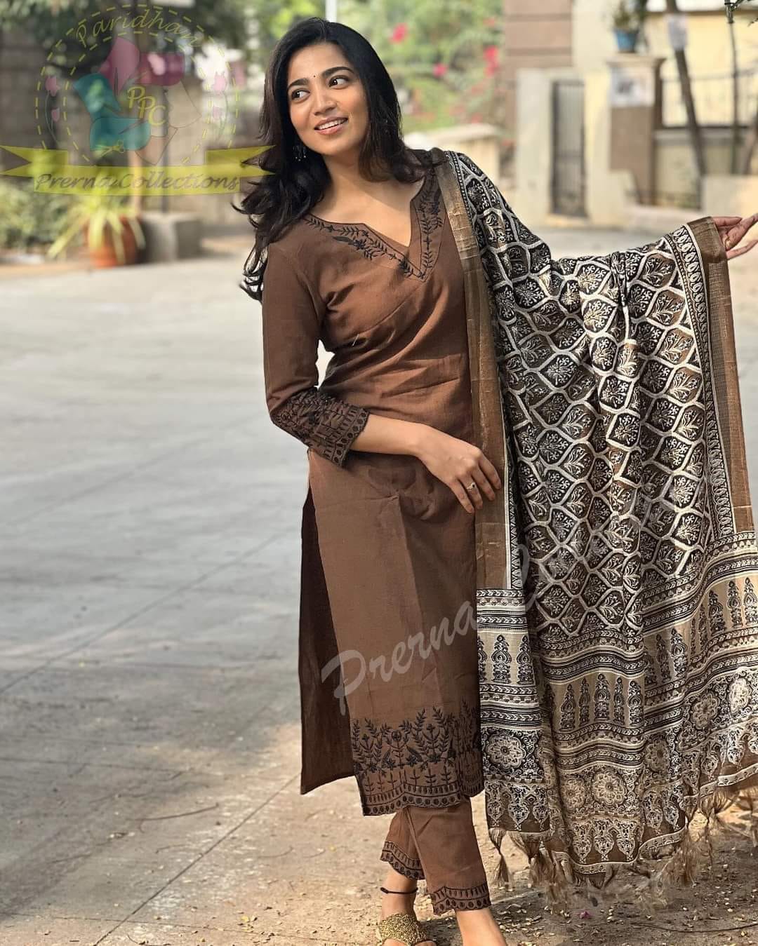 Brown Cotton Kurti Set with Printed Dupatta.
