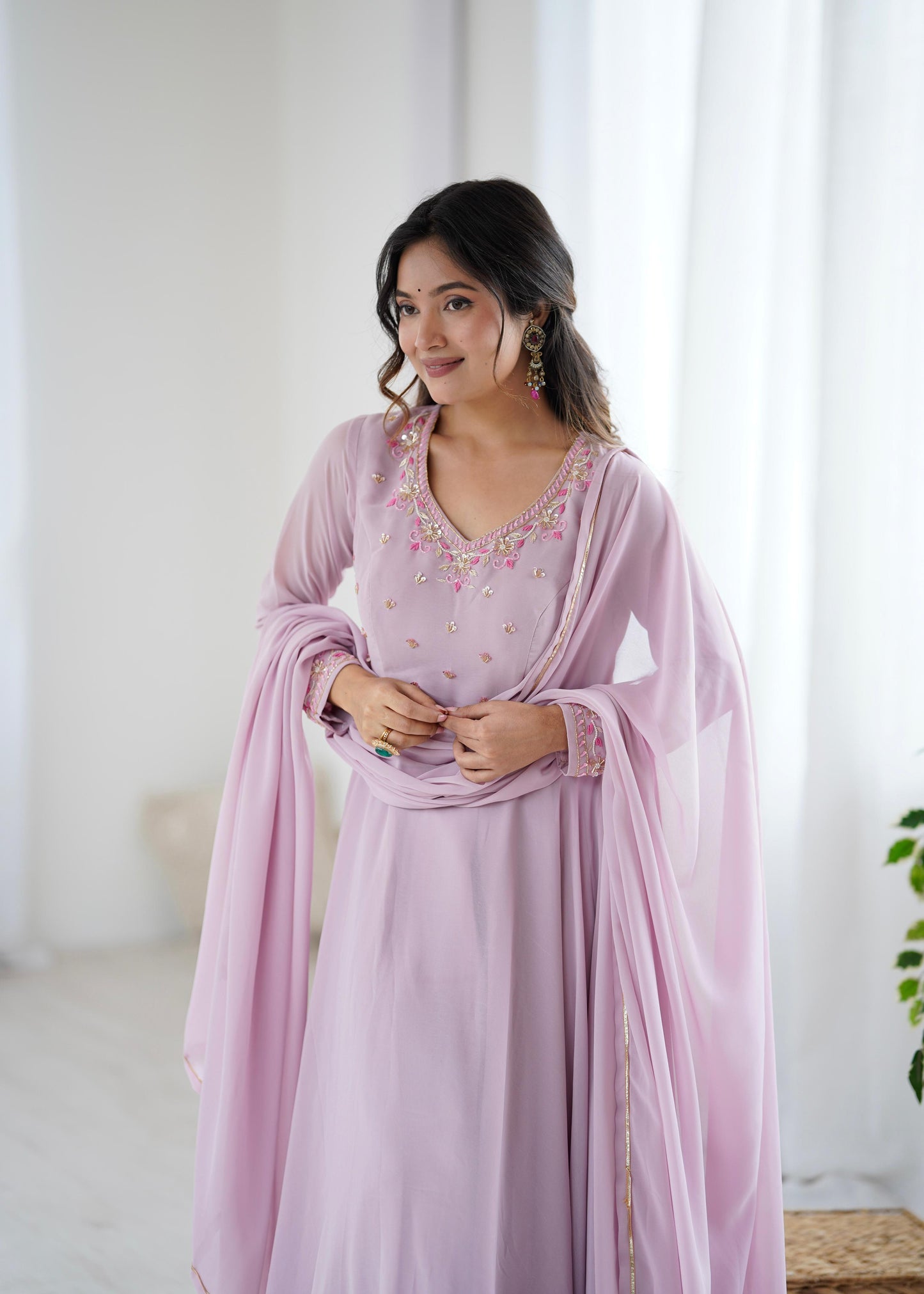 New Party Wear Look – Pastel Purple Fox Georgette Gown Set.