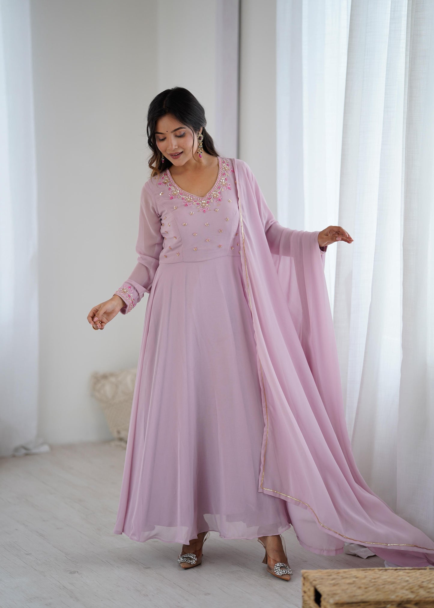 New Party Wear Look – Pastel Purple Fox Georgette Gown Set.