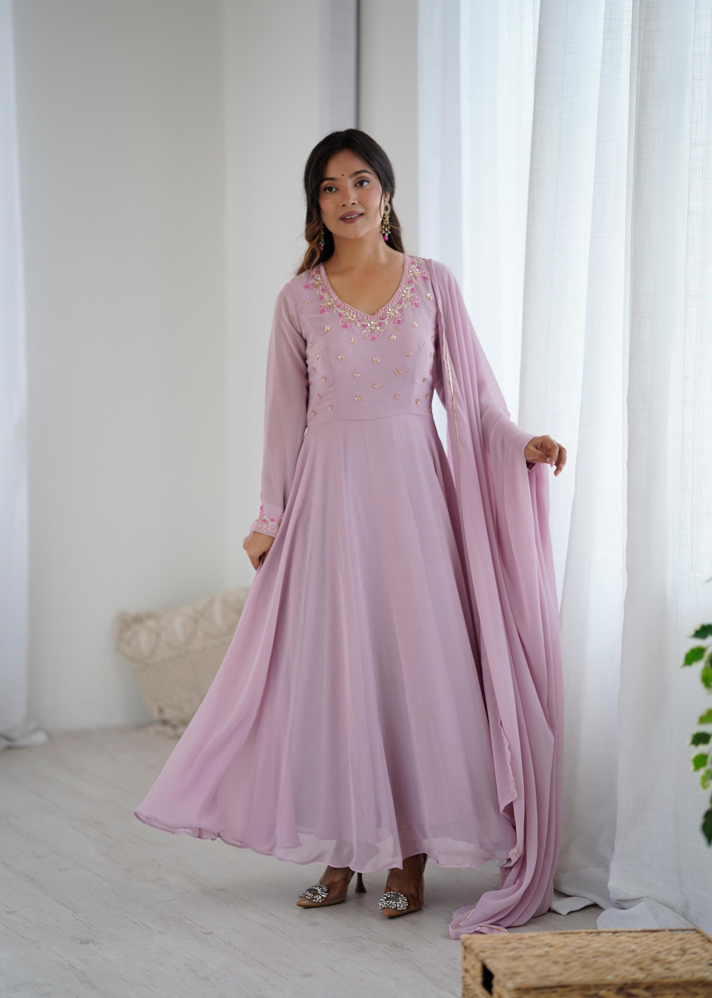 New Party Wear Look – Pastel Purple Fox Georgette Gown Set.