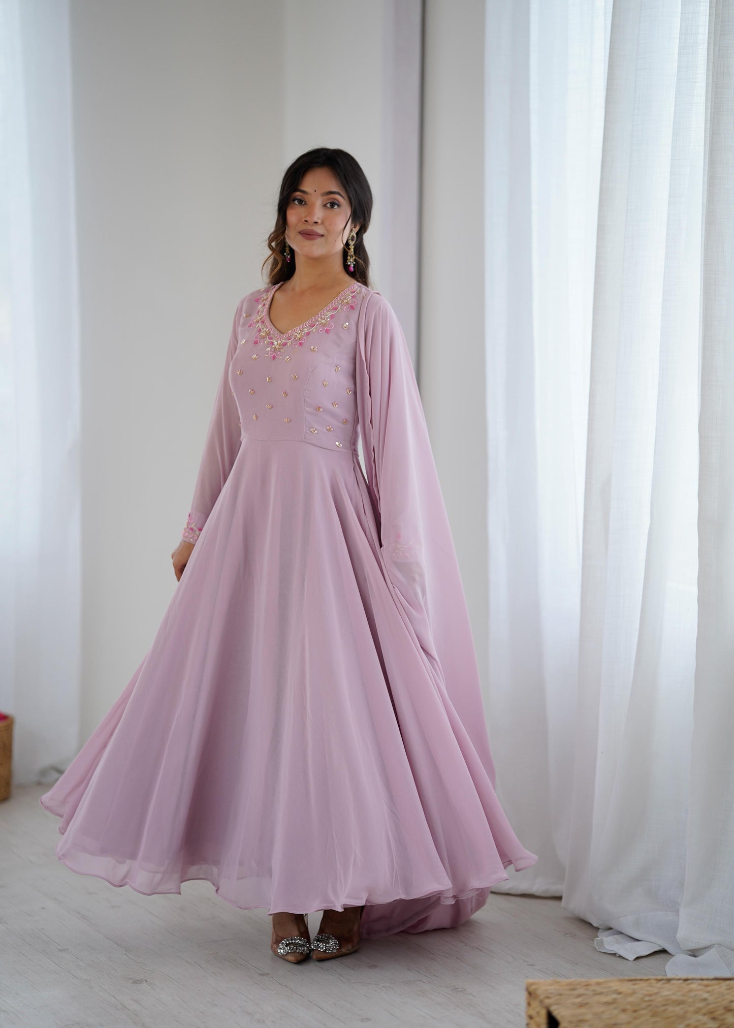 New Party Wear Look – Pastel Purple Fox Georgette Gown Set.