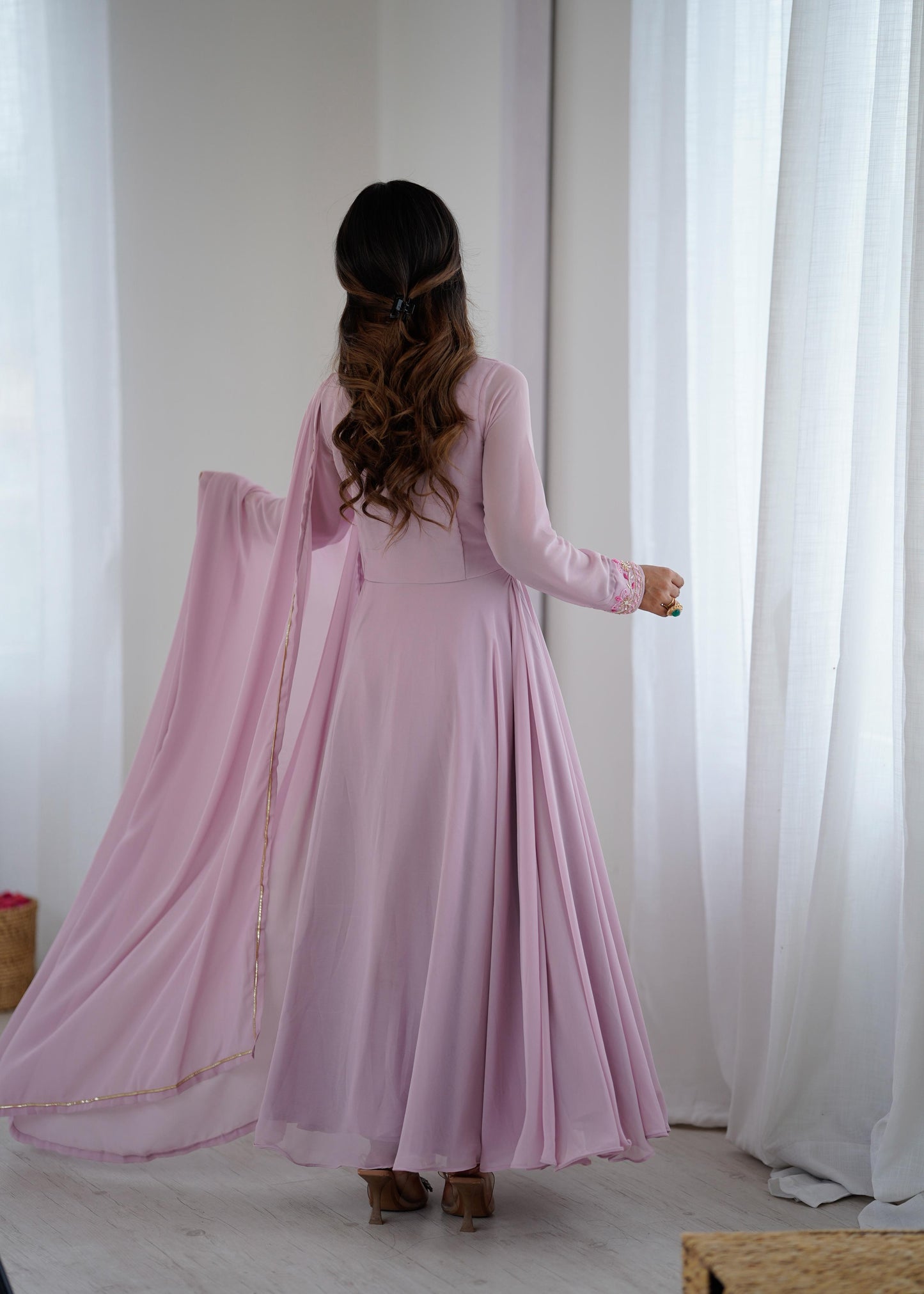 New Party Wear Look – Pastel Purple Fox Georgette Gown Set.