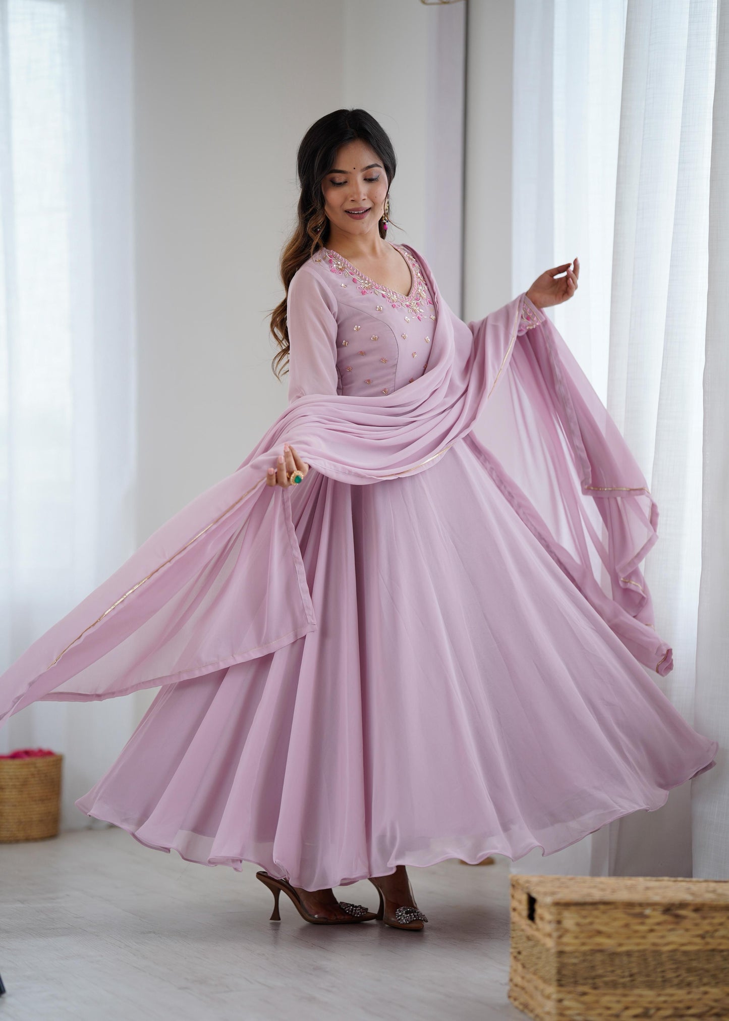 New Party Wear Look – Pastel Purple Fox Georgette Gown Set.